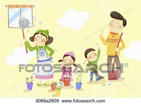 an illustration of a family cleaning View Large Illustration Stock Illustration - an illustration of a family cleaning. Fotosearch