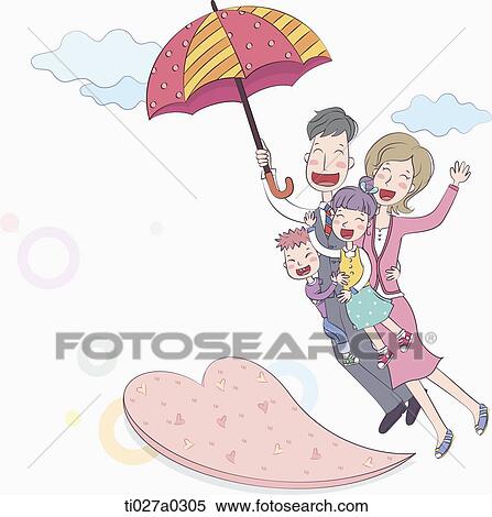 an illustration of a family flying with an umbrella View Large Illustration Stock Illustration - an illustration of a family flying with an umbrella. Fotosearch