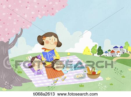 Drawing - an illustration of a family having a picnic. Fotosearch