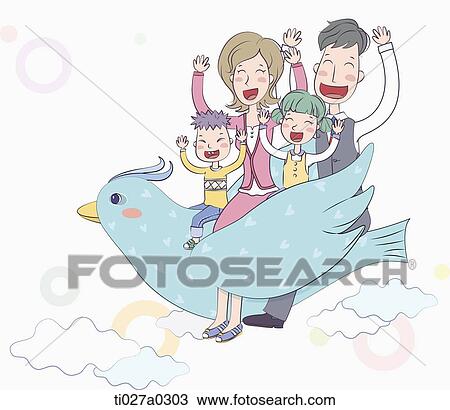 an illustration of a family riding a bird View Large Illustration Drawing - an illustration of a family riding a bird. Fotosearch