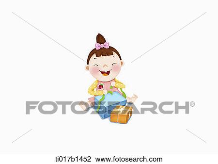Drawing - an illustration of a girl opening presents. Fotosearch