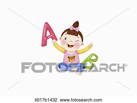 an illustration of a girl playing with the alphabets View Large Illustration Drawing - an illustration of a girl playing with the alphabets. Fotosearch