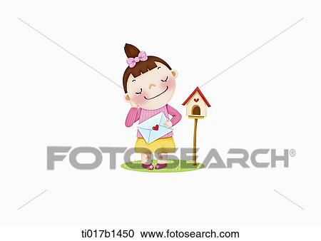 Clipart - an illustration of a girl receiving a love letter. Fotosearch