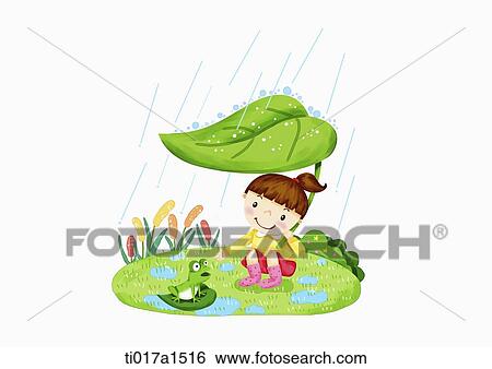 an illustration of a girl taking cover from the rain View Large Illustration Stock Illustration - an illustration of a girl taking cover from the rain. Fotosearch