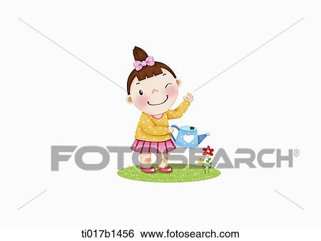 Stock Illustration - an illustration of a girl watering a flower. Fotosearch