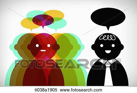 Stock Illustration - an illustration of a man next to a crowd with speech bubbles. Fotosearch