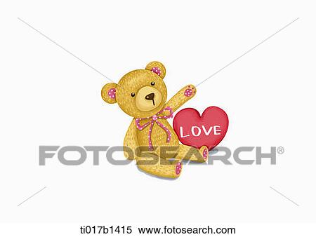 Stock Illustration - an illustration of a teddy bear and a heart shaped pillow. Fotosearch