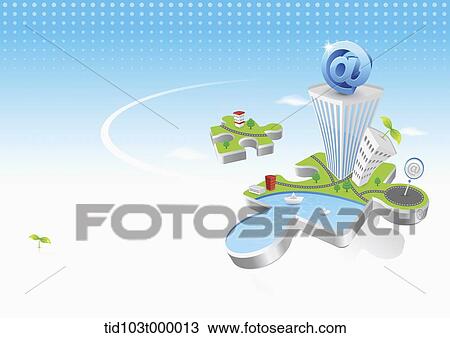 an illustration of a tower on a piece of puzzle View Large Illustration Drawing - an illustration of a tower on a piece of puzzle. Fotosearch