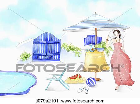 Clip Art - an illustration of a woman beside a pool. Fotosearch