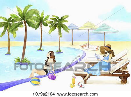 Stock Illustration - an illustration of a woman beside a pool. Fotosearch