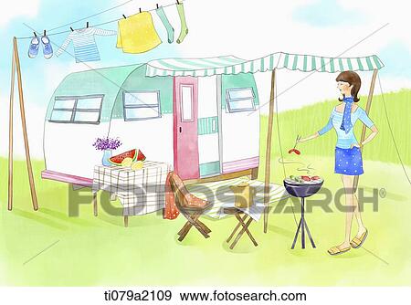 Stock Illustration - an illustration of a woman camping. Fotosearch