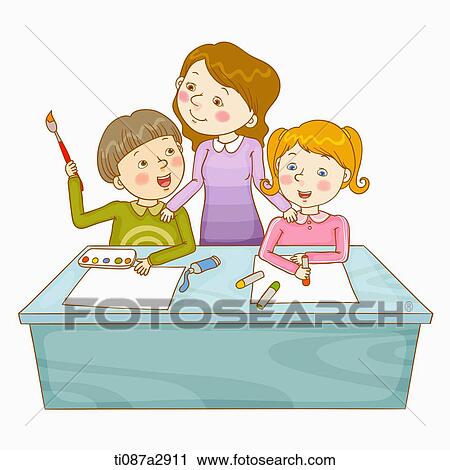 an illustration of children drawing and painting View Large Illustration Clip Art - an illustration of children drawing and painting. Fotosearch