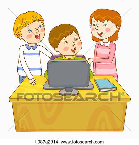 Stock Illustration - an illustration of children on the computer. Fotosearch