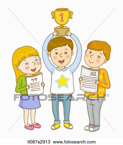Drawing - an illustration of children winning a contest. Fotosearch