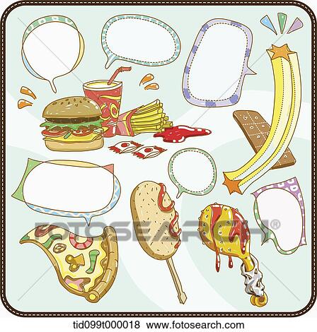 an illustration of different foods with speech bubbles View Large Illustration Stock Illustration - an illustration of different foods with speech bubbles. Fotosearch