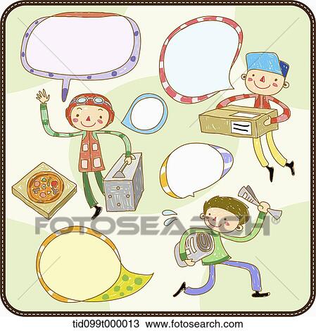 Drawing - an illustration of different people with speech bubbles. Fotosearch