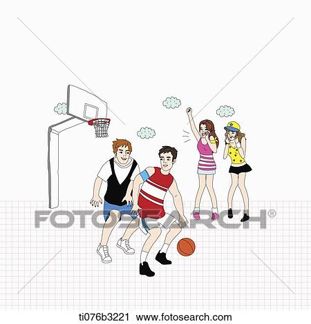 Clip Art - an illustration of friends playing basketball. Fotosearch