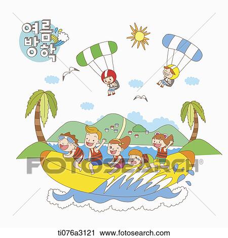 an illustration of kids on a summer holiday playing in the water View Large Illustration Clip Art - an illustration of kids on a summer holiday playing in the water. Fotosearch