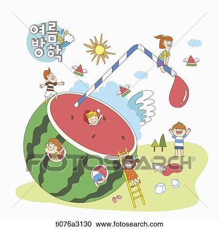 an illustration of kids on a summer holiday at a watermelon View Large Illustration Clipart - an illustration of kids on a summer holiday at a watermelon. Fotosearch