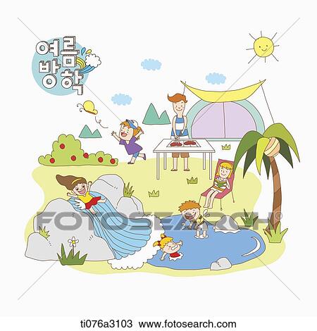 an illustration of kids on a summer holiday View Large Illustration Drawing - an illustration of kids on a summer holiday. Fotosearch