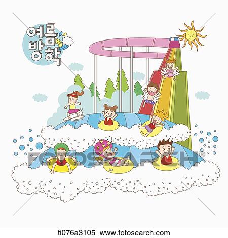 Stock Illustration - an illustration of kids on a summer holiday in a water park. Fotosearch