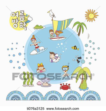 Stock Illustration - an illustration of kids on a summer holiday at the water. Fotosearch