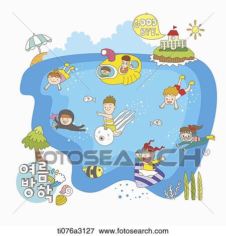 an illustration of kids on a summer holiday at the water View Large Illustration Stock Illustration - an illustration of kids on a summer holiday at the water. Fotosearch