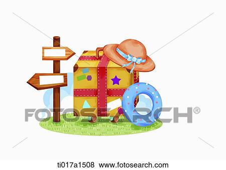 an illustration of travelling baggage and a road sign View Large Illustration Stock Illustration - an illustration of travelling baggage and a road sign. Fotosearch