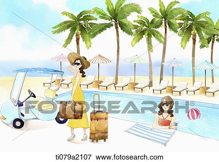 an illustration of two women at the pool View Large Illustration Stock Illustration - an illustration of two women at the pool. Fotosearch