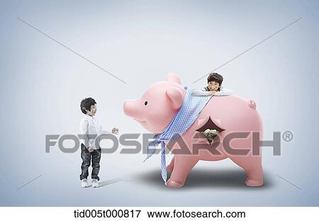 Stock Illustration - boys around a piggy bank. Fotosearch