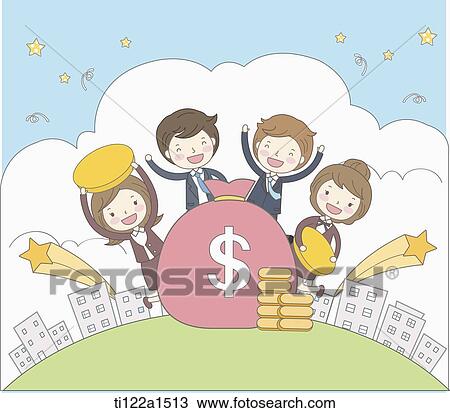 business people around a money bag View Large Illustration Drawing - business people around a money bag. Fotosearch