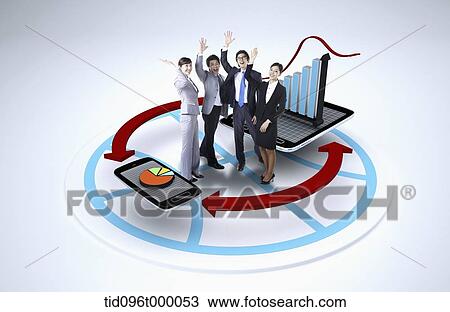 Drawing - business people between a mobile phone and a tablet. Fotosearch
