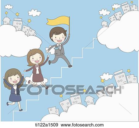 Stock Illustration - business people running up stair into a cloud. Fotosearch