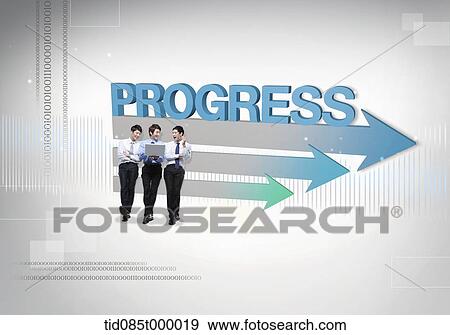 Stock Illustration - businessmen in front of a word progress. Fotosearch