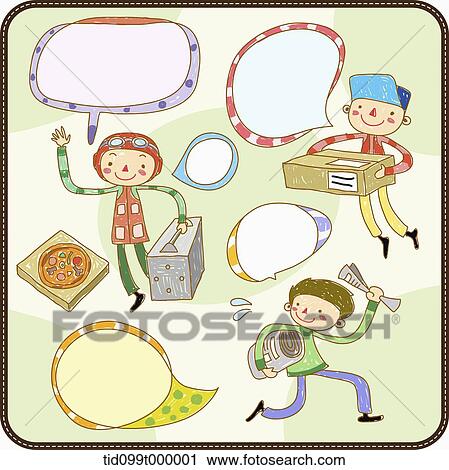 Clip Art - characters with speech bubbles of delivery man. Fotosearch
