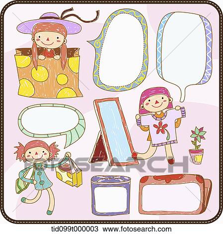 Drawing - characters with speech bubbles of shopping. Fotosearch