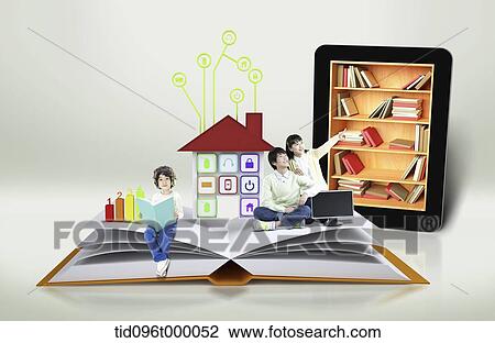 Drawing - children reading books next to a tablet. Fotosearch