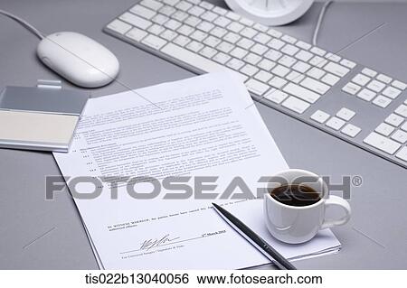 Stock Illustration - coffee cup, papers and a keyboard. Fotosearch