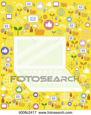 Stock Illustration - computer on background full of icons . Fotosearch