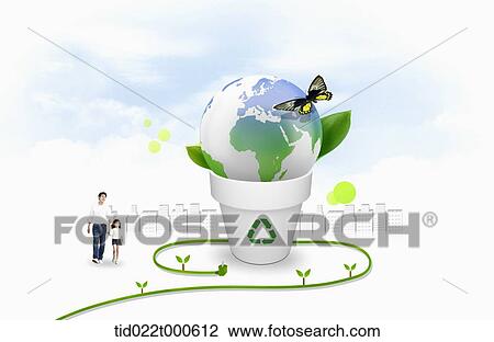 Drawing - father and daughter on eco friendly green land . Fotosearch
