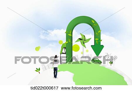 Stock Illustration - father and daughter on eco friendly green land . Fotosearch