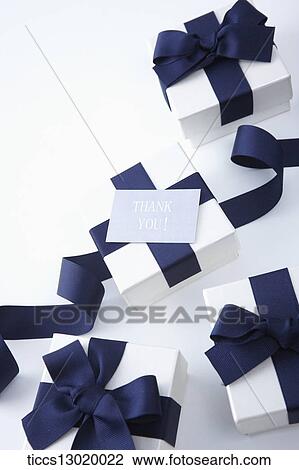 Drawing - gift boxes with blue ribbons . Fotosearch