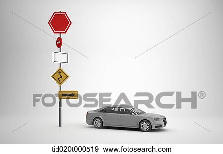 graphic illustration of a traffic signs next to a car View Large Illustration Stock Illustration - graphic illustration of a traffic signs next to a car. Fotosearch
