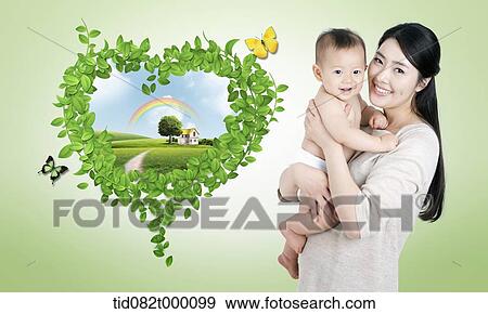 Stock Illustration - green image featuring mother and baby. Fotosearch