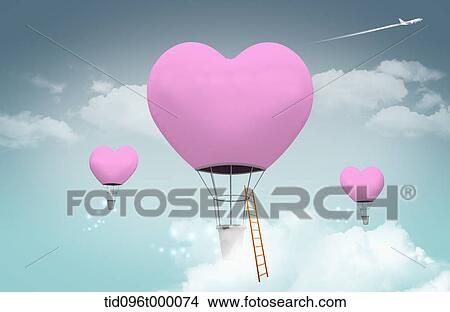 heart shape hot air balloons flying in the sky View Large Illustration Stock Illustration - heart shape hot air balloons flying in the sky. Fotosearch