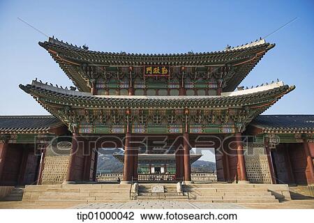 Drawing - historical Korean palace. Fotosearch