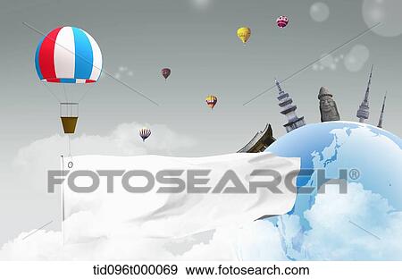 Stock Illustration - hot air balloons on top of the globe. Fotosearch