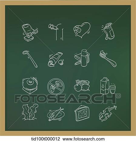 icon sets on a blackboard View Large Illustration Drawing - icon sets on a blackboard. Fotosearch