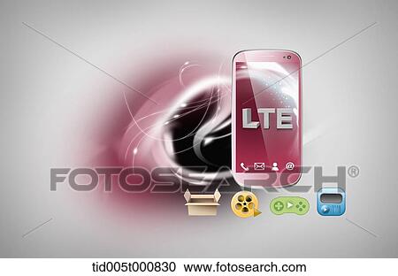 Clipart - icons under a mobile device featuring a word LTE. Fotosearch