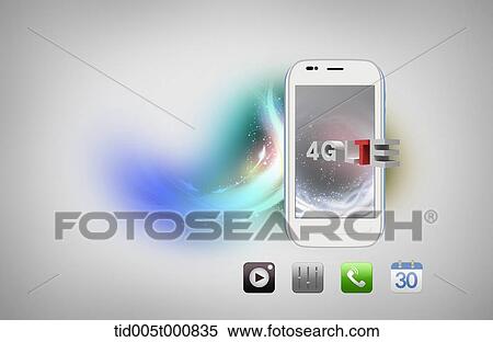Stock Illustration - icons under a mobile device featuring a word LTE. Fotosearch